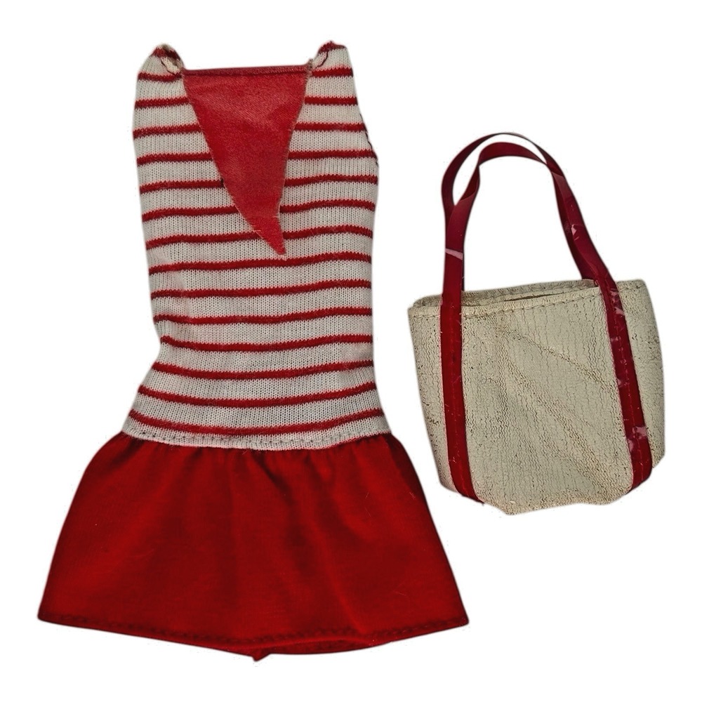 Mattel Barbie 1984 Fashion Fun #7902 Red & White Dress & Tote Bag Complete VTG